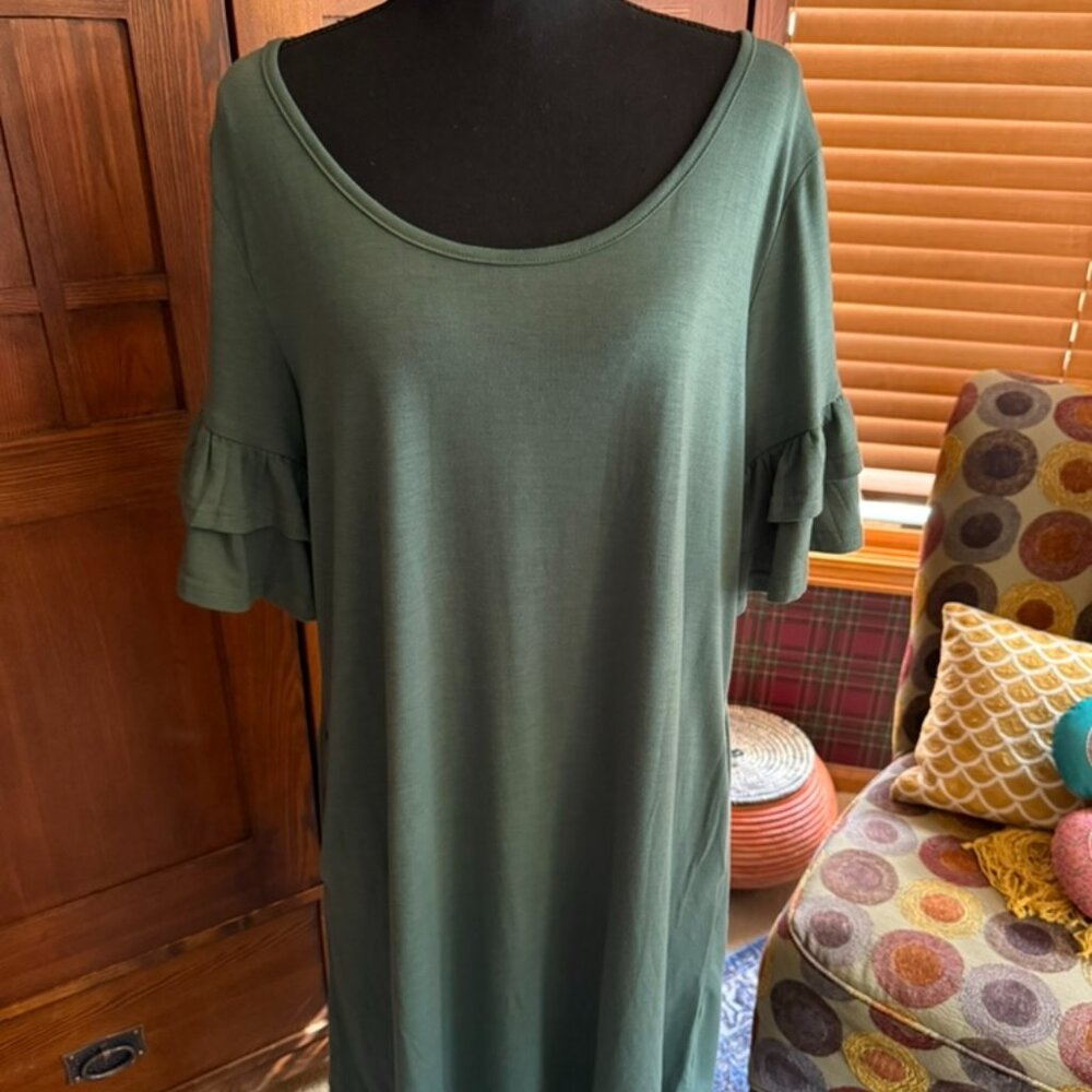 Nemidor Army Green Ruffle Sleeve Casual Swing Dress Size 14